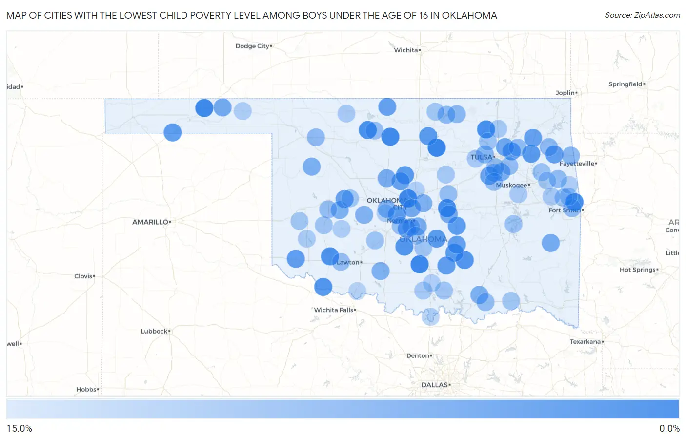 Cities with the Lowest Child Poverty Level Among Boys Under the Age of 16 in Oklahoma Map