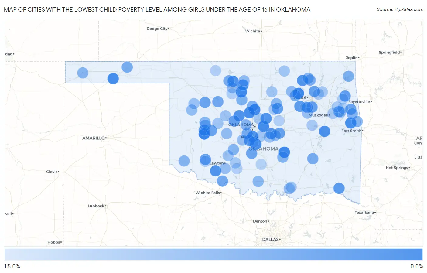 Cities with the Lowest Child Poverty Level Among Girls Under the Age of 16 in Oklahoma Map