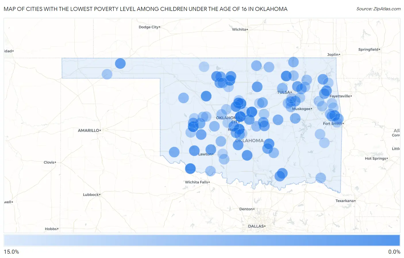 Cities with the Lowest Poverty Level Among Children Under the Age of 16 in Oklahoma Map
