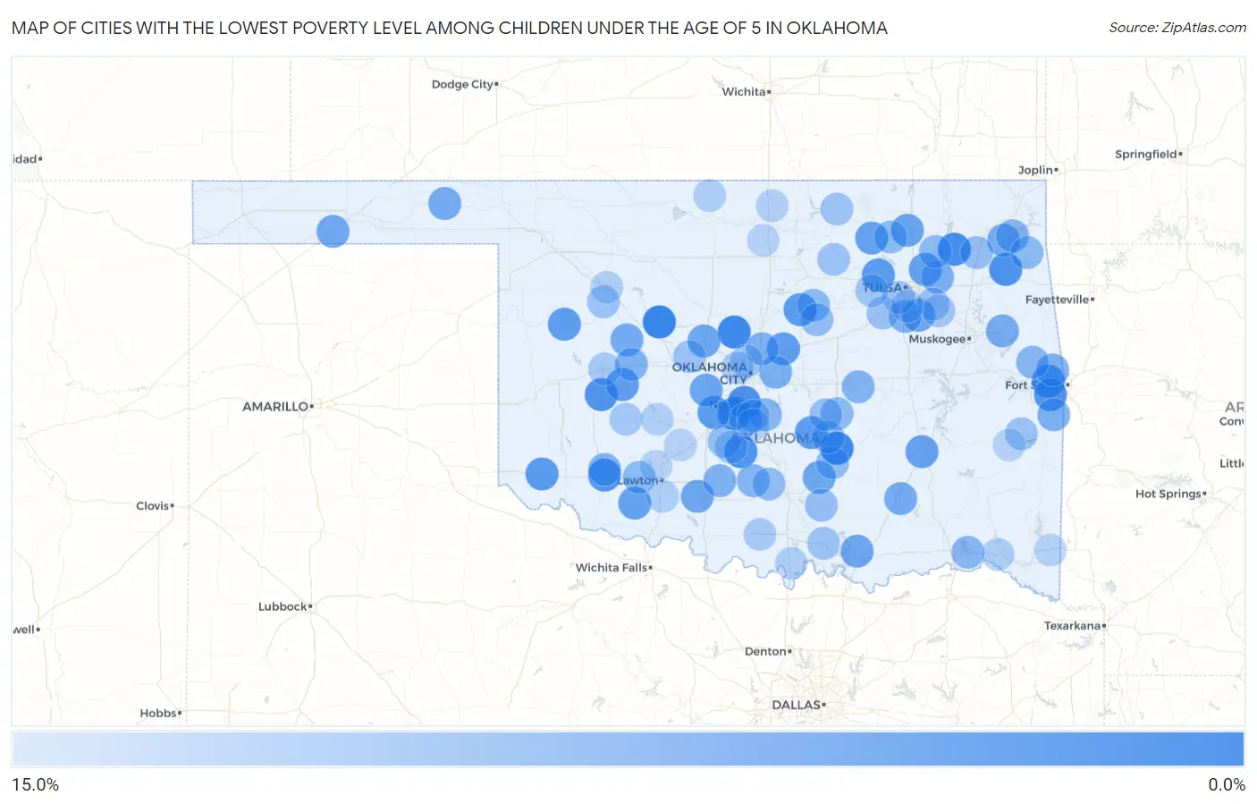Cities with the Lowest Poverty Level Among Children Under the Age of 5 in Oklahoma Map