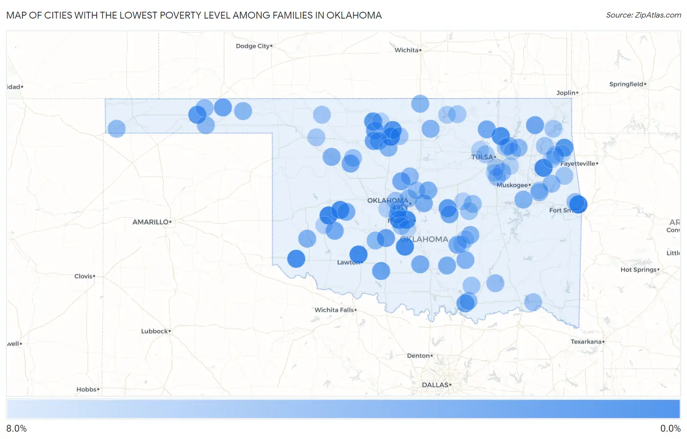 Cities with the Lowest Poverty Level Among Families in Oklahoma Map