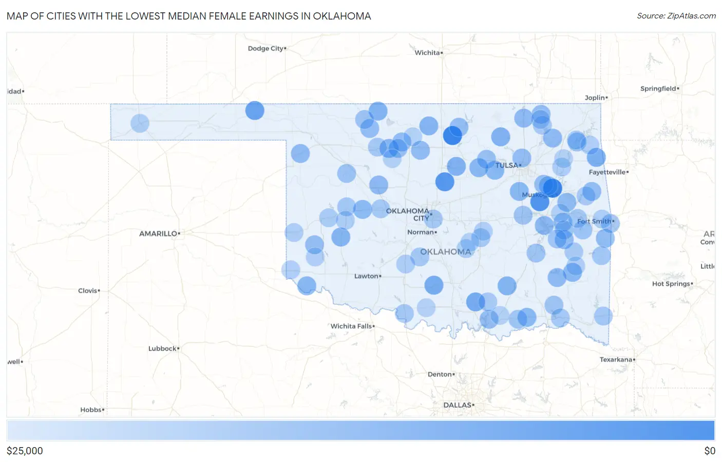 Cities with the Lowest Median Female Earnings in Oklahoma Map