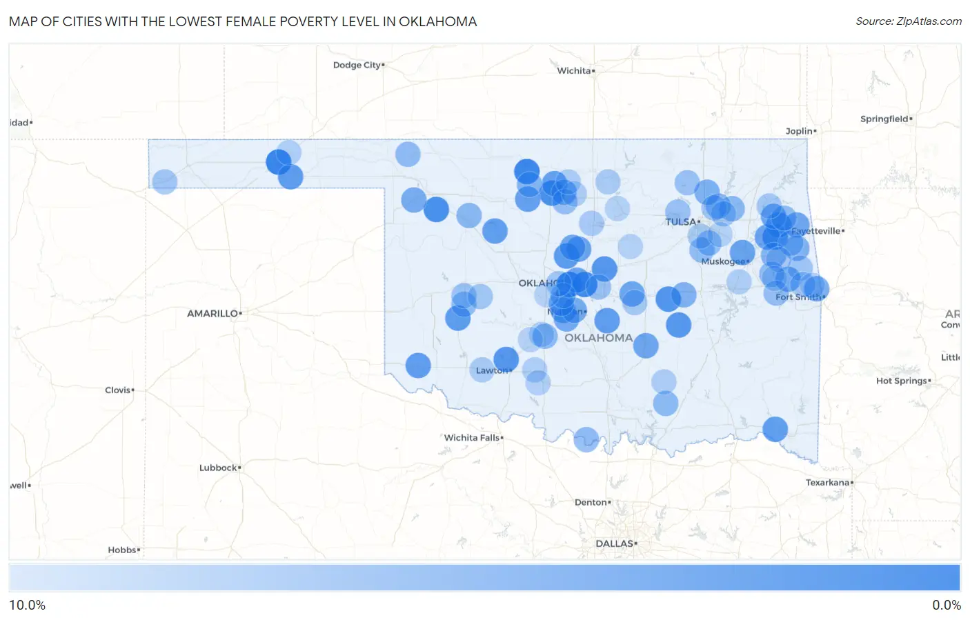 Cities with the Lowest Female Poverty Level in Oklahoma Map