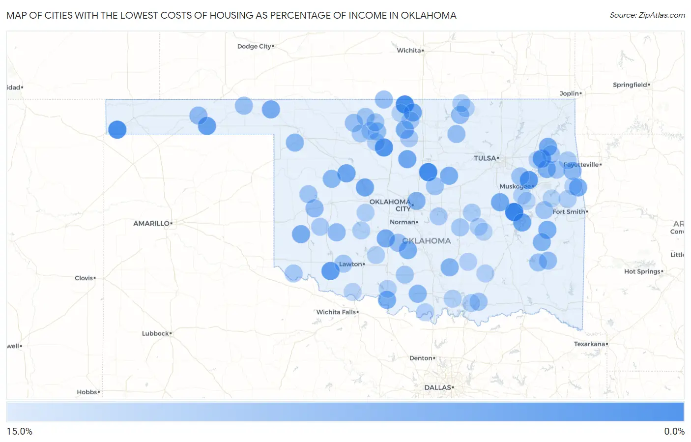 Cities with the Lowest Costs of Housing as Percentage of Income in Oklahoma Map