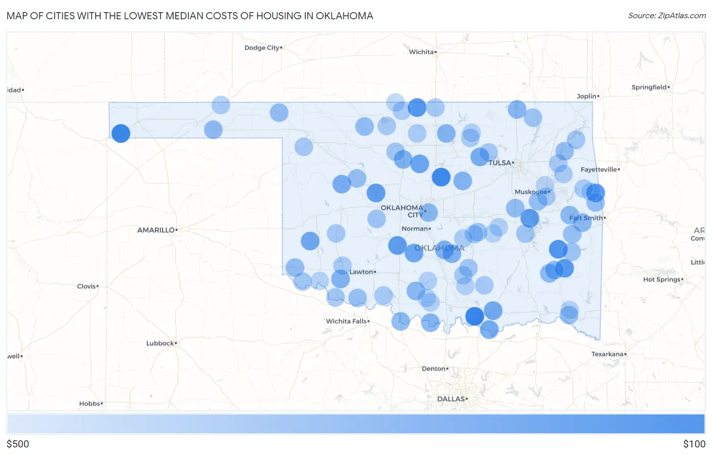 Cities with the Lowest Median Costs of Housing in Oklahoma Map