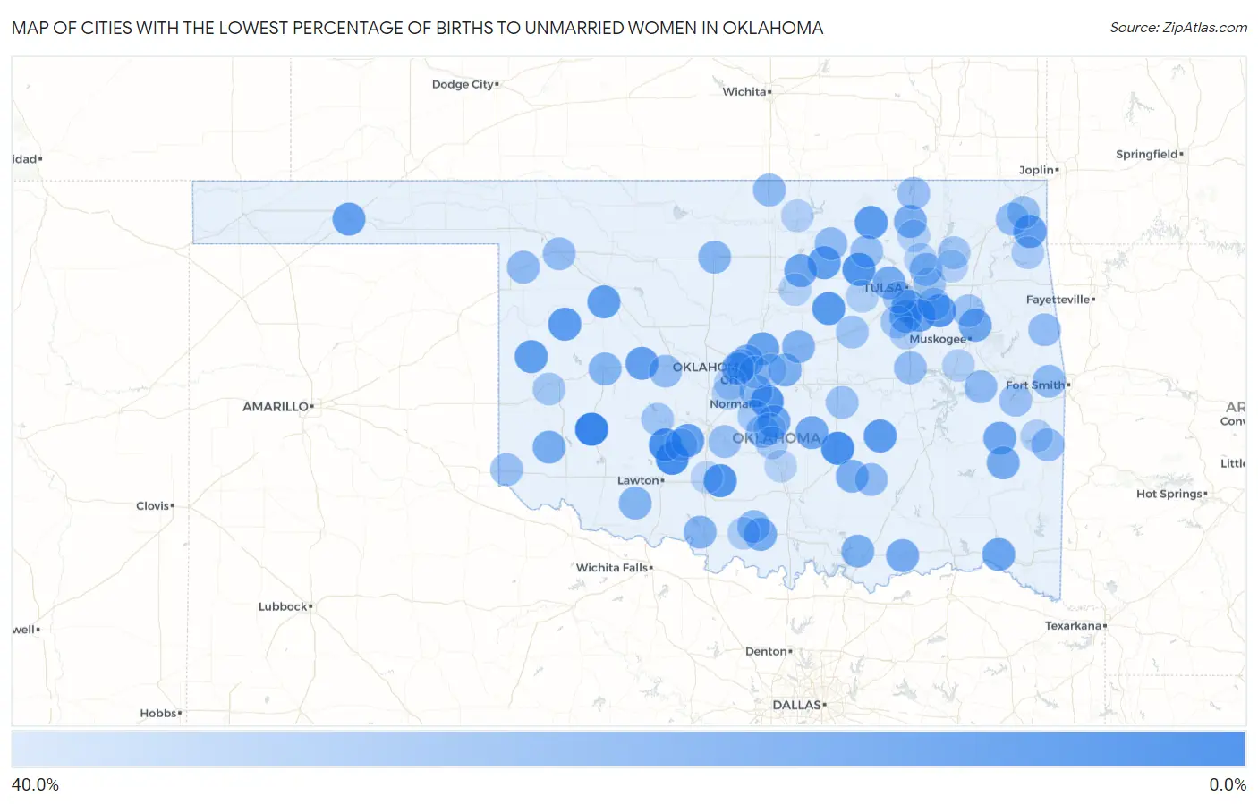 Cities with the Lowest Percentage of Births to Unmarried Women in Oklahoma Map