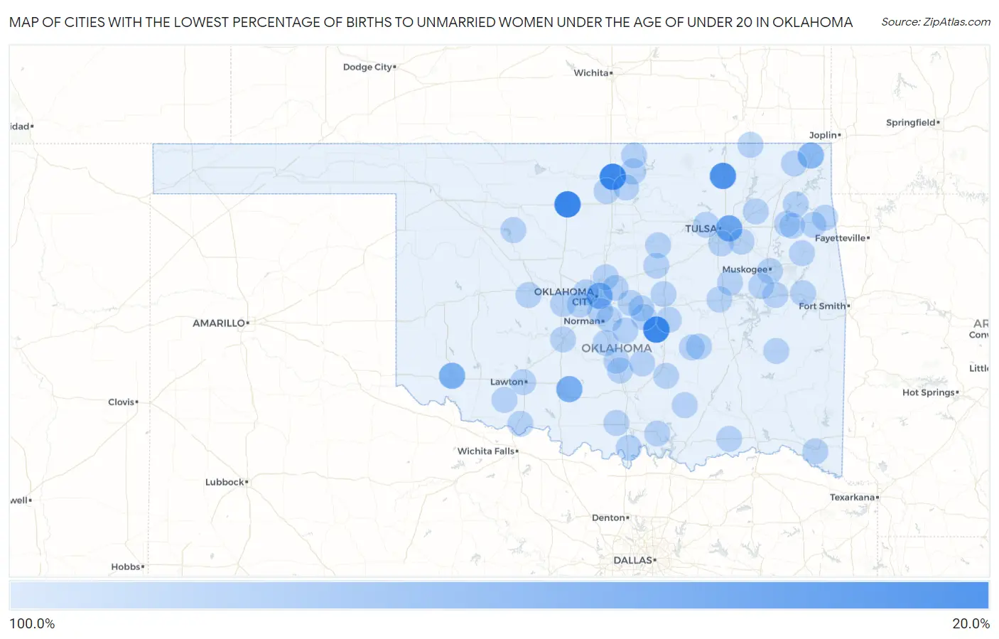 Cities with the Lowest Percentage of Births to Unmarried Women under the Age of under 20 in Oklahoma Map