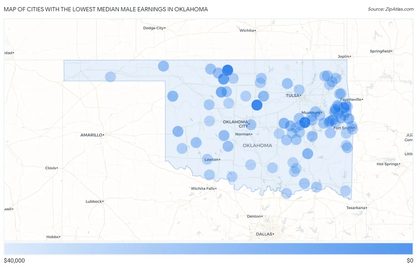Cities with the Lowest Median Male Earnings in Oklahoma Map