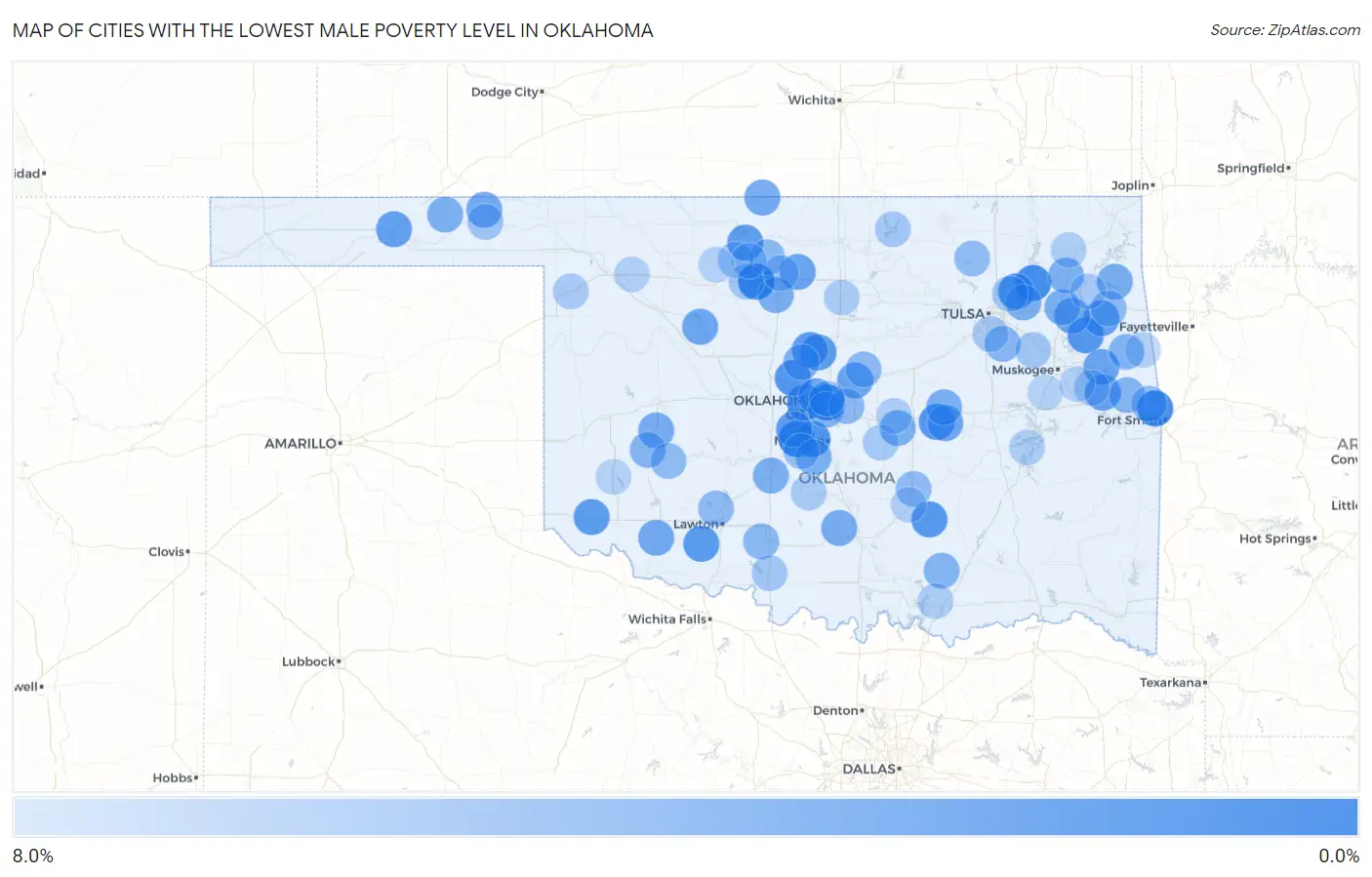Cities with the Lowest Male Poverty Level in Oklahoma Map
