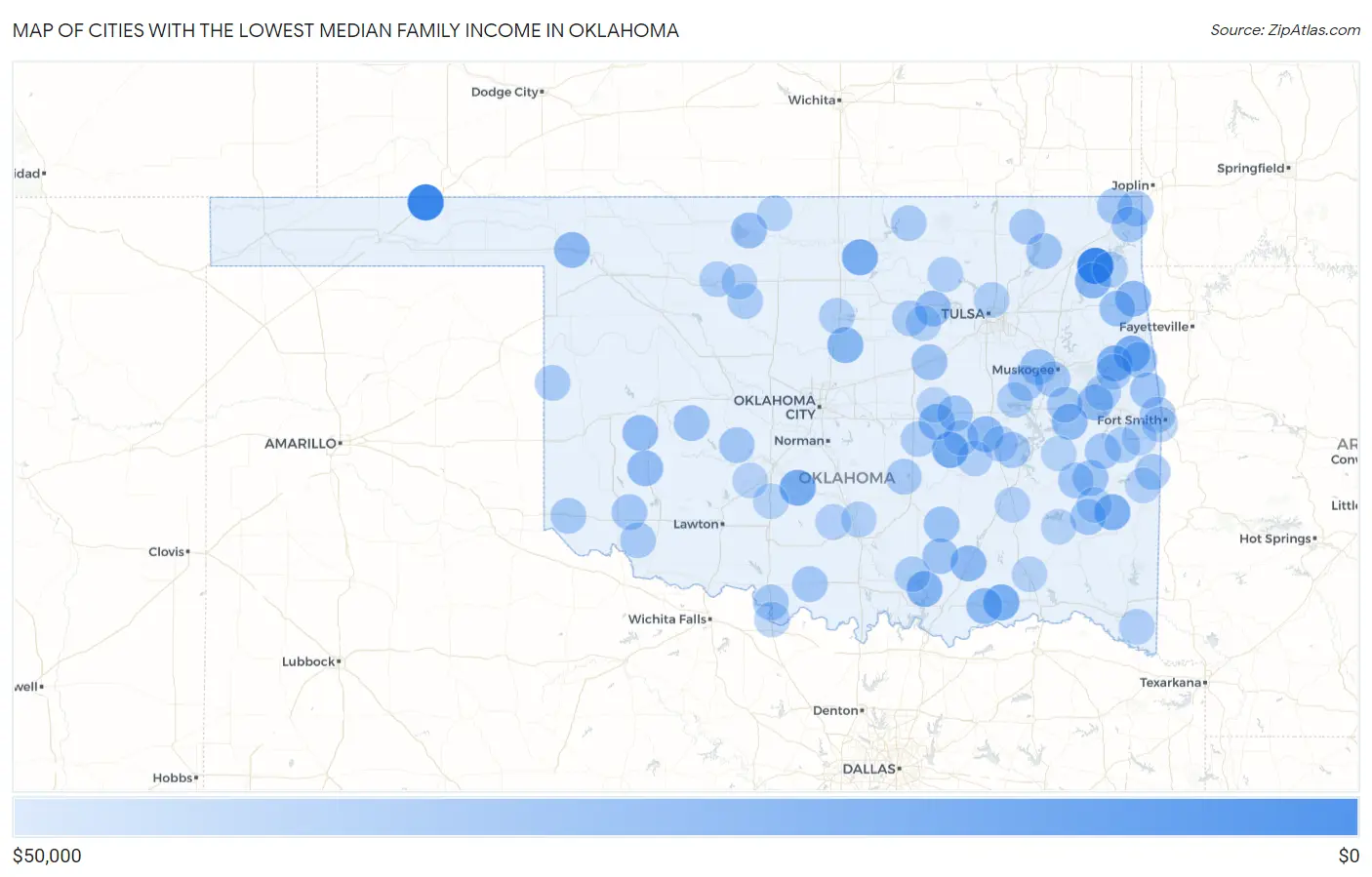 Cities with the Lowest Median Family Income in Oklahoma Map