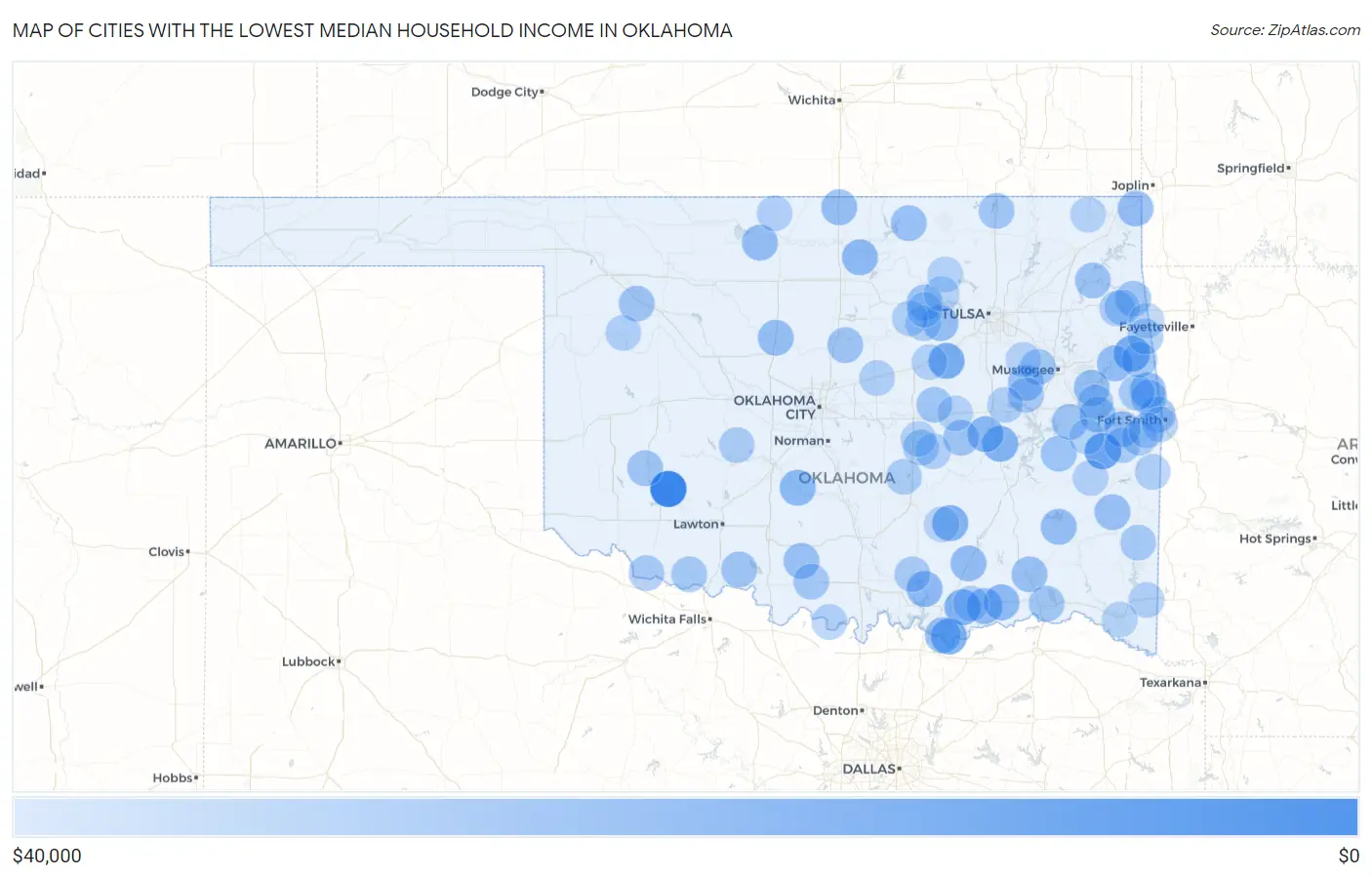 Cities with the Lowest Median Household Income in Oklahoma Map