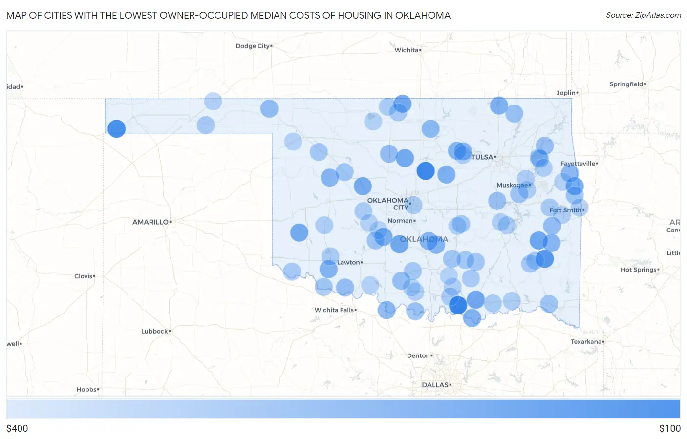 Cities with the Lowest Owner-Occupied Median Costs of Housing in Oklahoma Map