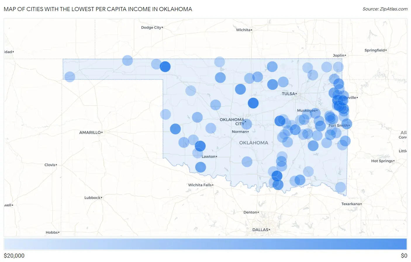 Cities with the Lowest Per Capita Income in Oklahoma Map