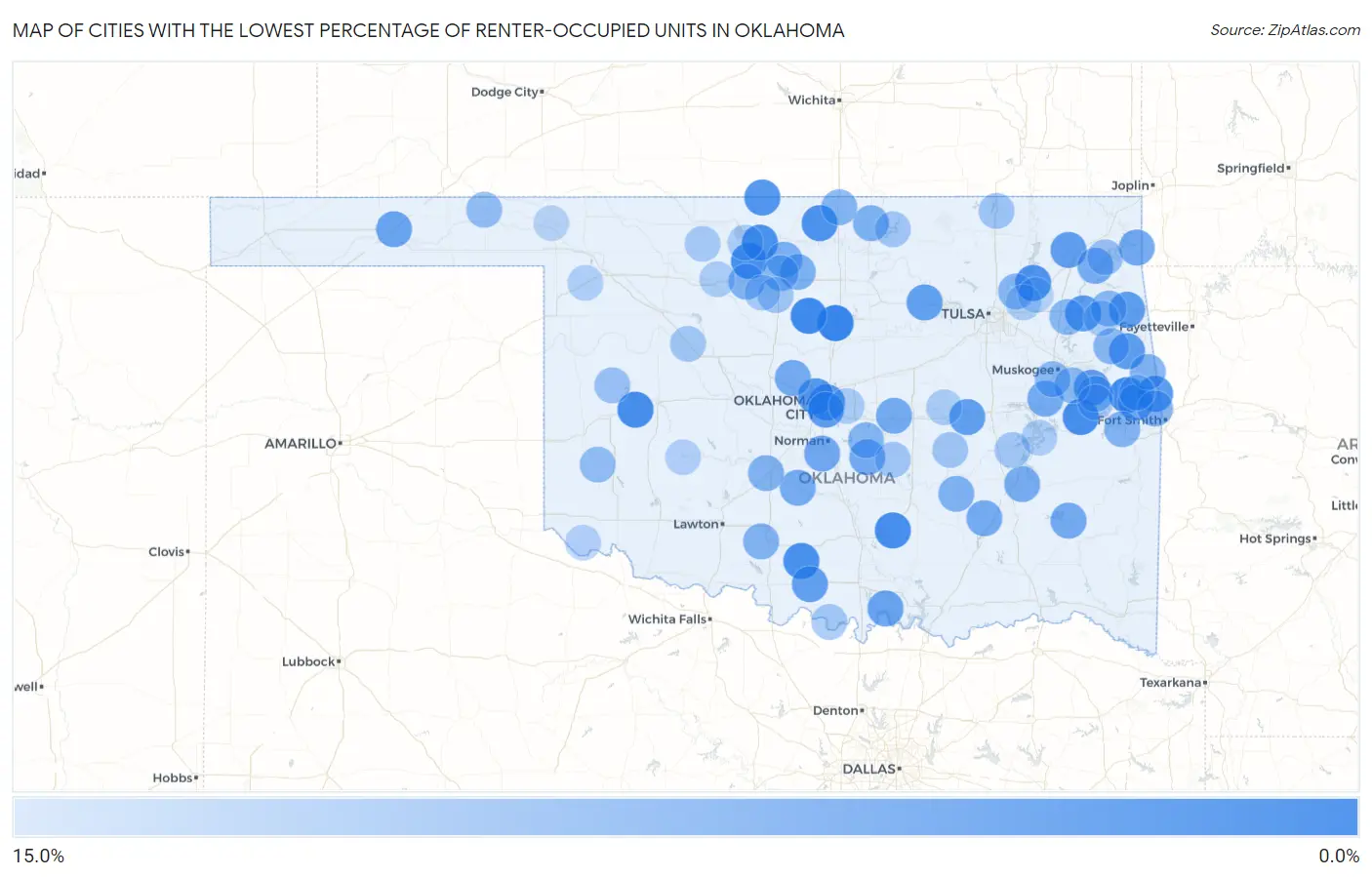 Cities with the Lowest Percentage of Renter-Occupied Units in Oklahoma Map