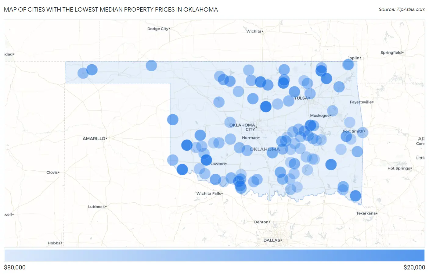 Cities with the Lowest Median Property Prices in Oklahoma Map