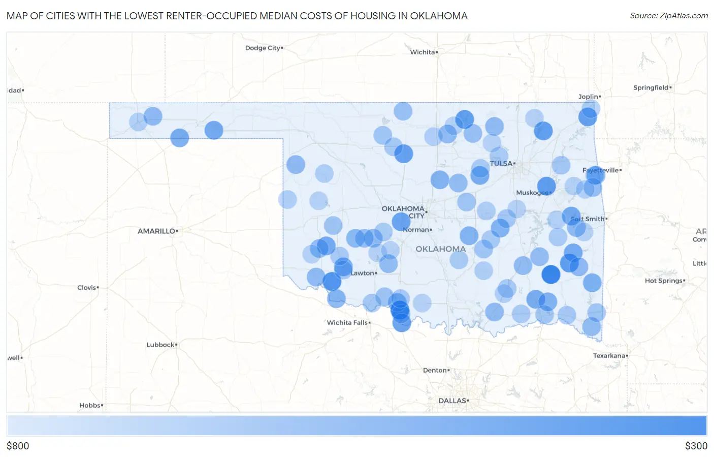 Cities with the Lowest Renter-Occupied Median Costs of Housing in Oklahoma Map