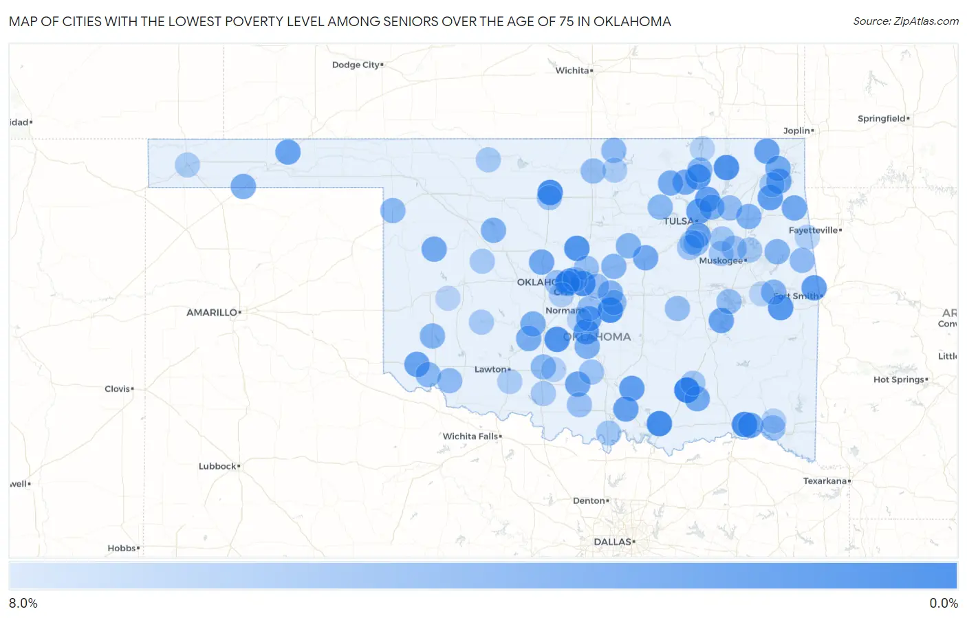 Cities with the Lowest Poverty Level Among Seniors Over the Age of 75 in Oklahoma Map