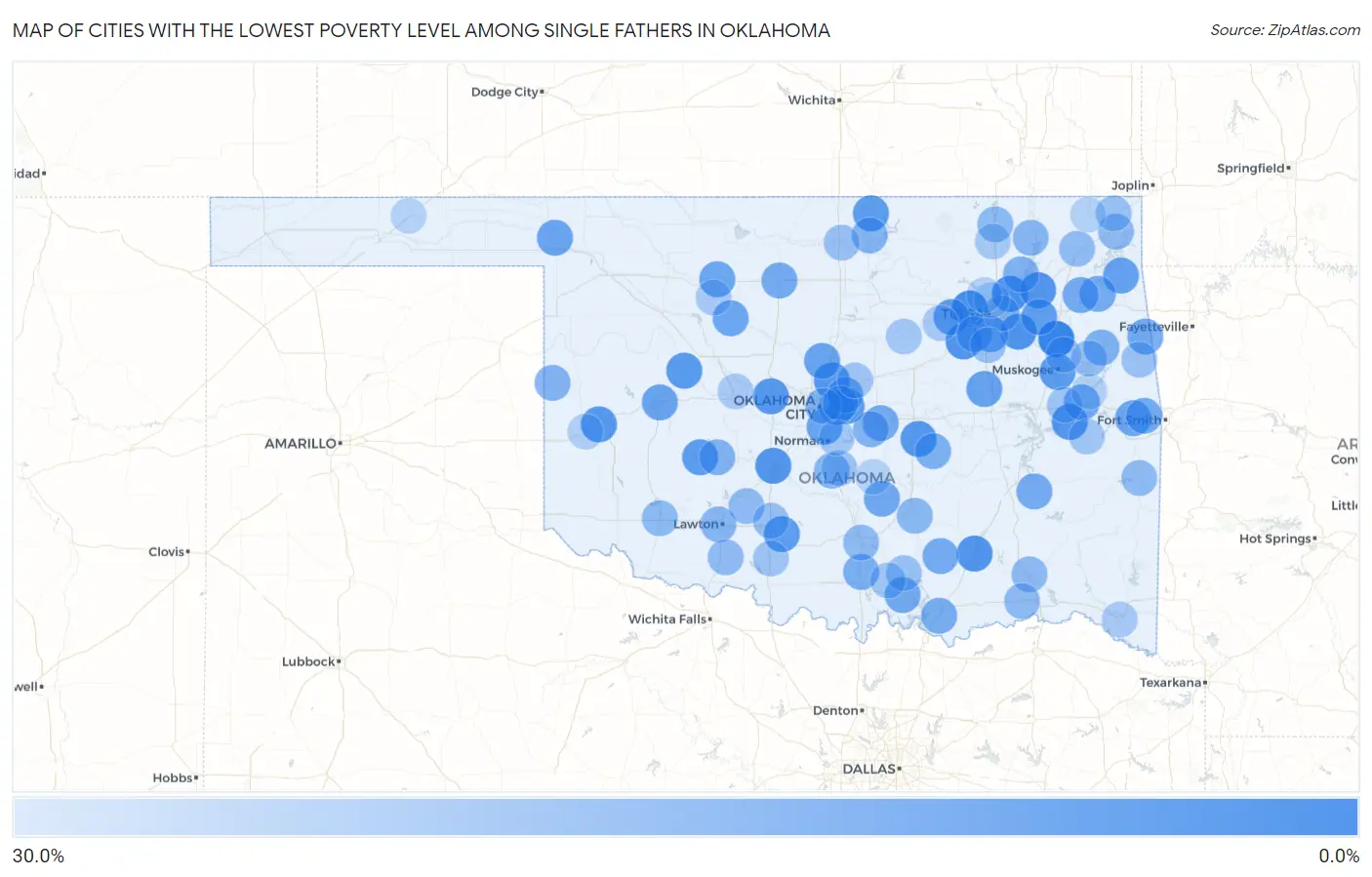 Cities with the Lowest Poverty Level Among Single Fathers in Oklahoma Map