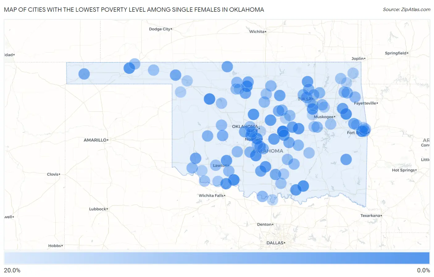 Cities with the Lowest Poverty Level Among Single Females in Oklahoma Map