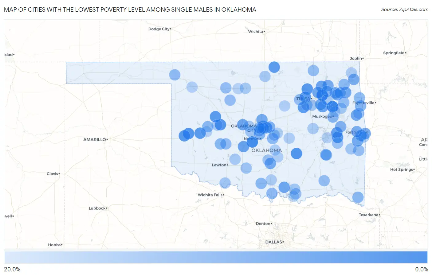 Cities with the Lowest Poverty Level Among Single Males in Oklahoma Map