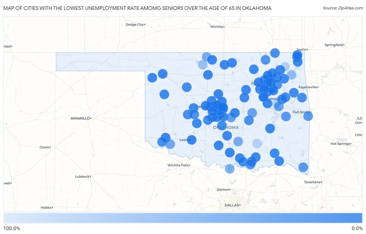 Cities with the Lowest Unemployment Rate Amomg Seniors Over the Age of 65 in Oklahoma Map