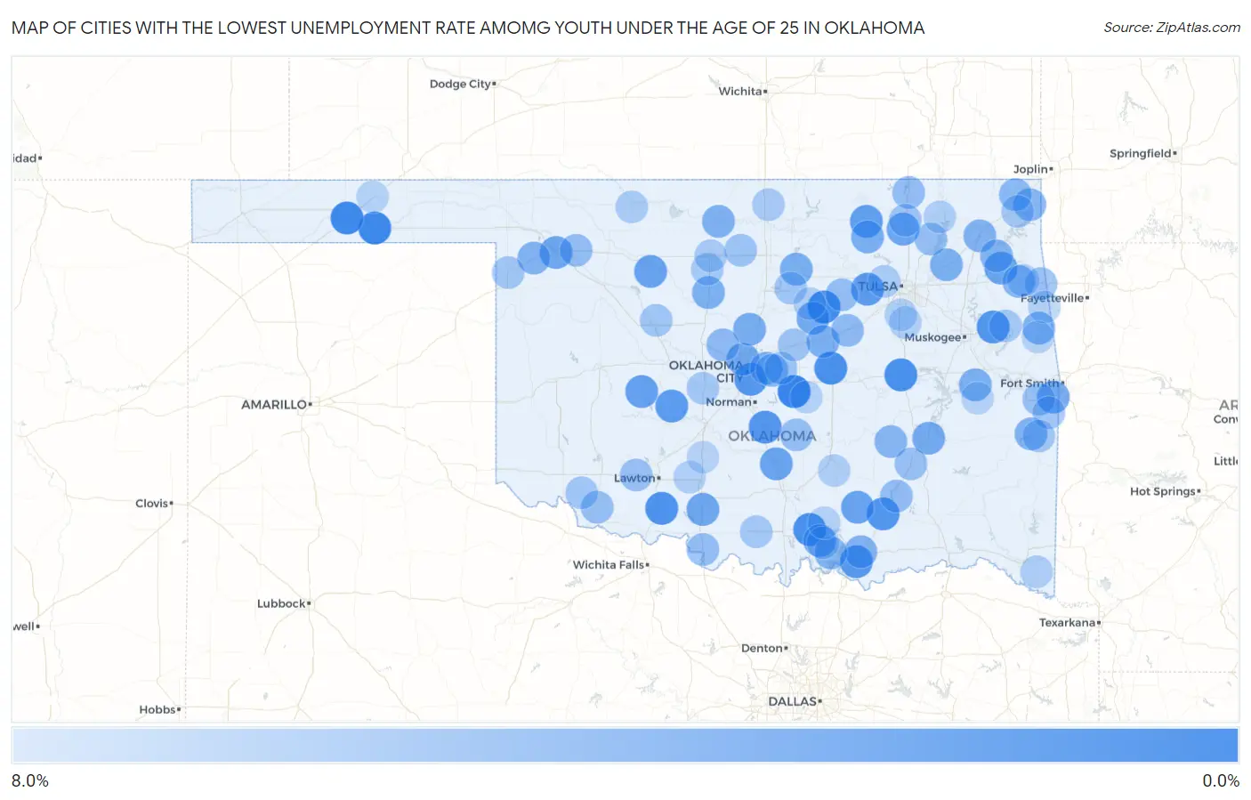 Cities with the Lowest Unemployment Rate Amomg Youth Under the Age of 25 in Oklahoma Map
