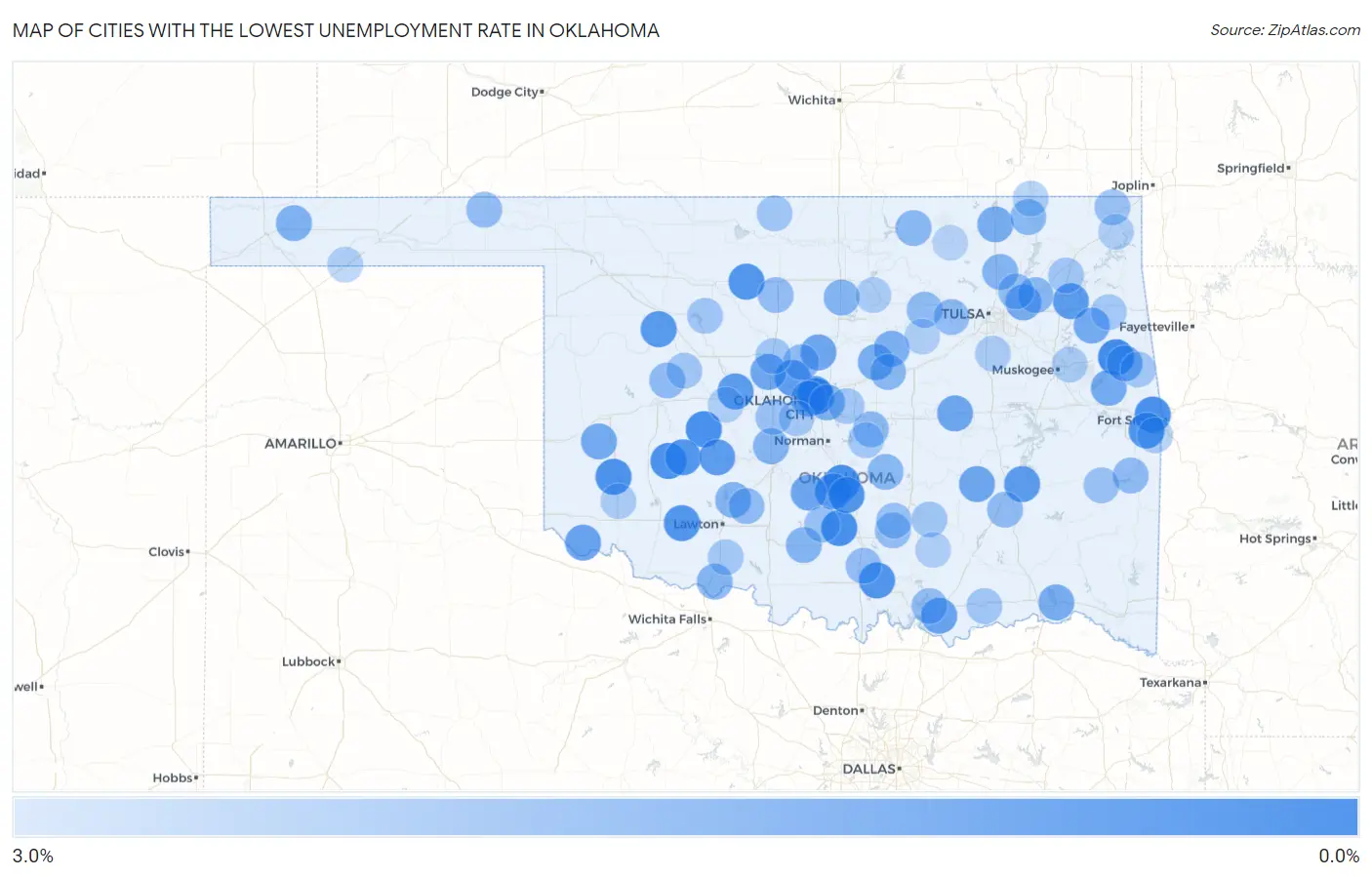 Cities with the Lowest Unemployment Rate in Oklahoma Map