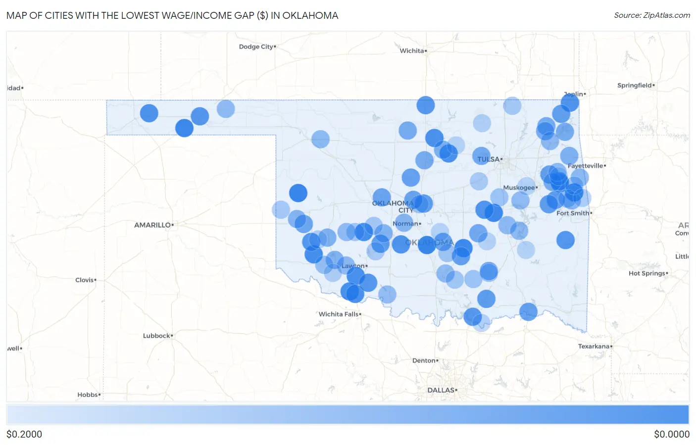 Cities with the Lowest Wage/Income Gap ($) in Oklahoma Map
