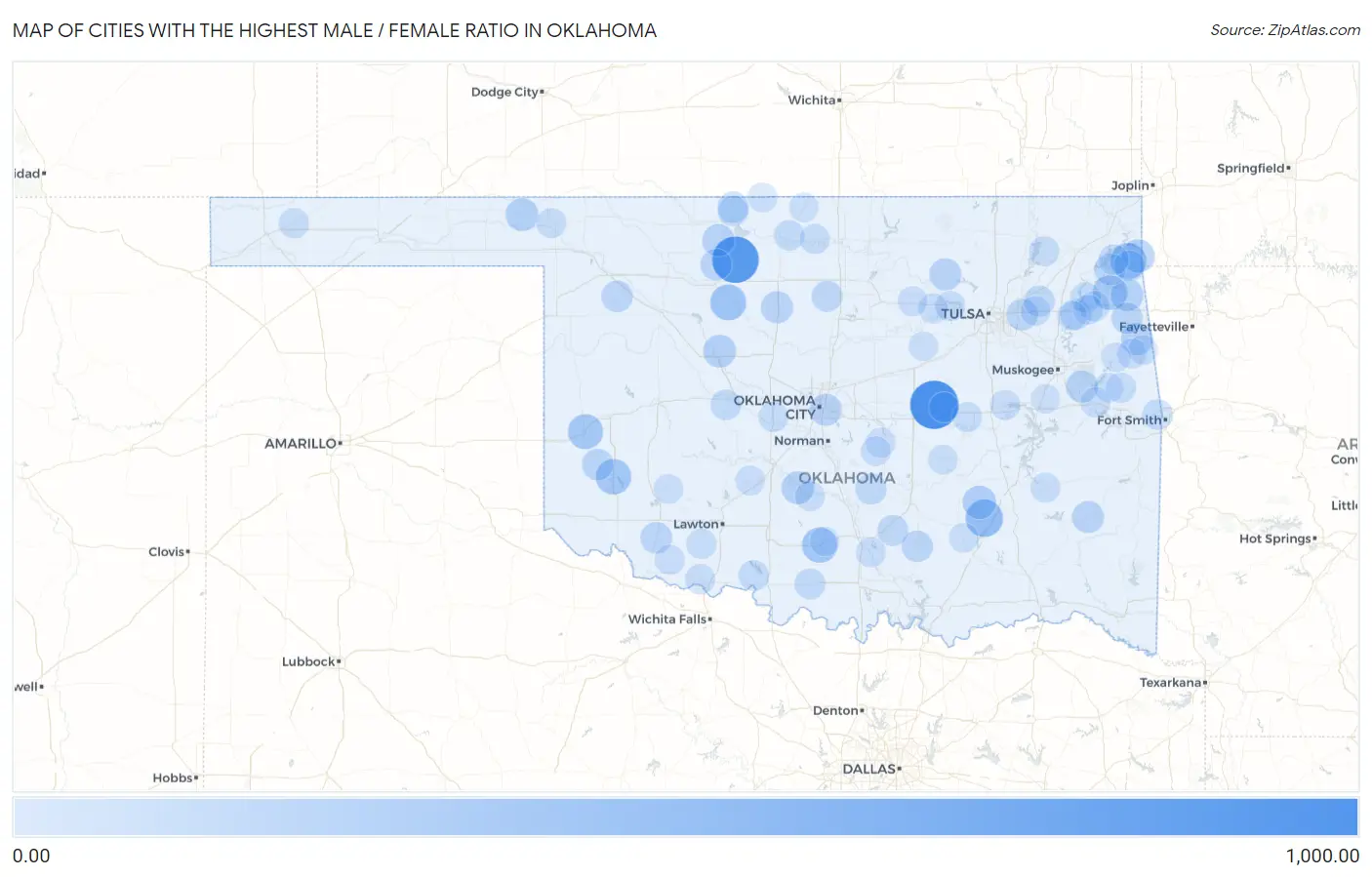 Cities with the Highest Male / Female Ratio in Oklahoma Map