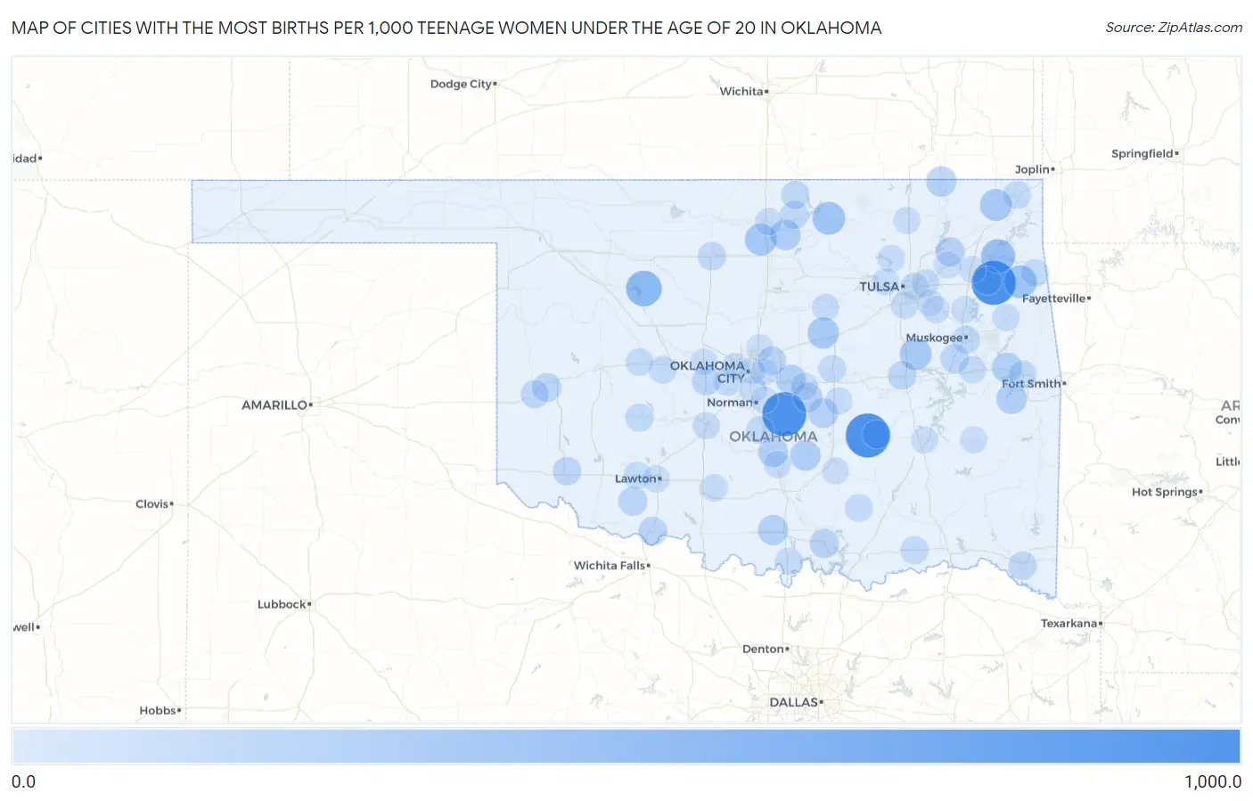 Cities with the Most Births per 1,000 Teenage Women Under the Age of 20 in Oklahoma Map