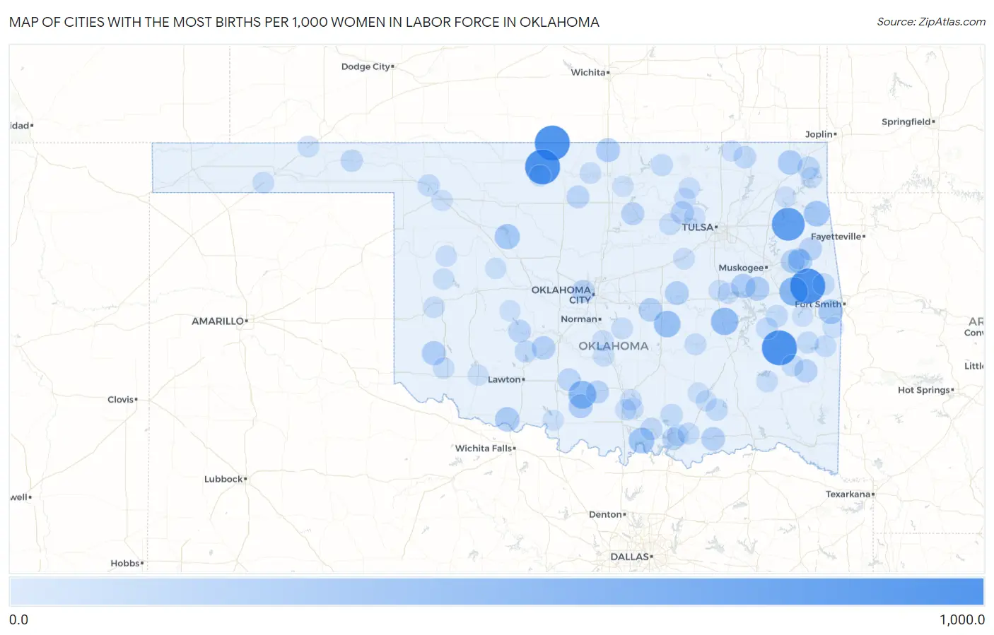 Cities with the Most Births per 1,000 Women in Labor Force in Oklahoma Map