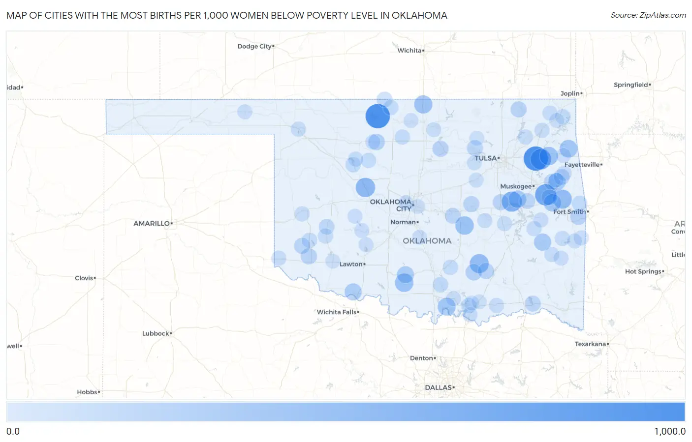Cities with the Most Births per 1,000 Women Below Poverty Level in Oklahoma Map