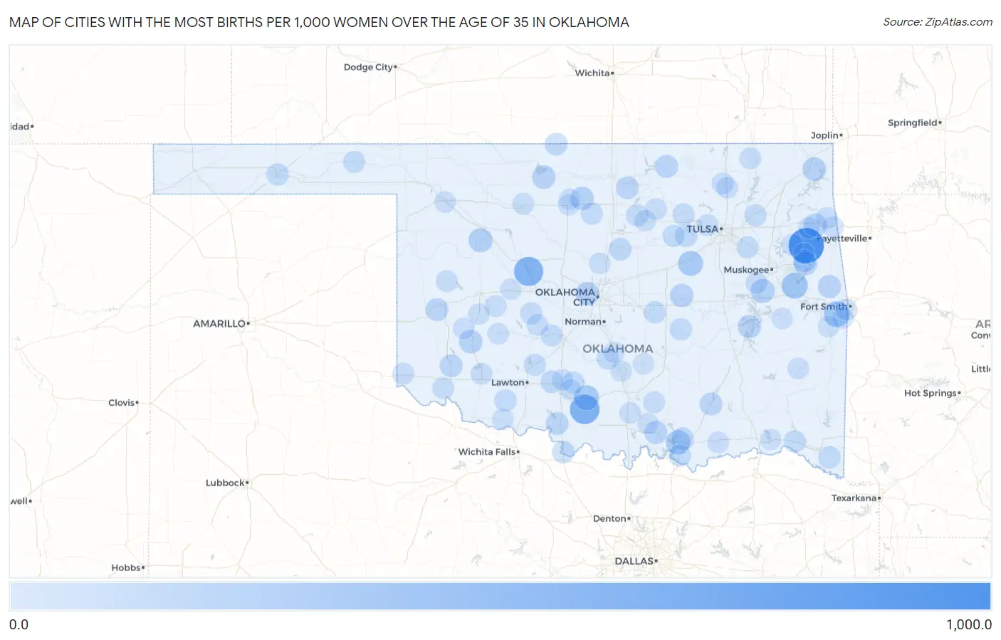 Cities with the Most Births per 1,000 Women Over the Age of 35 in Oklahoma Map