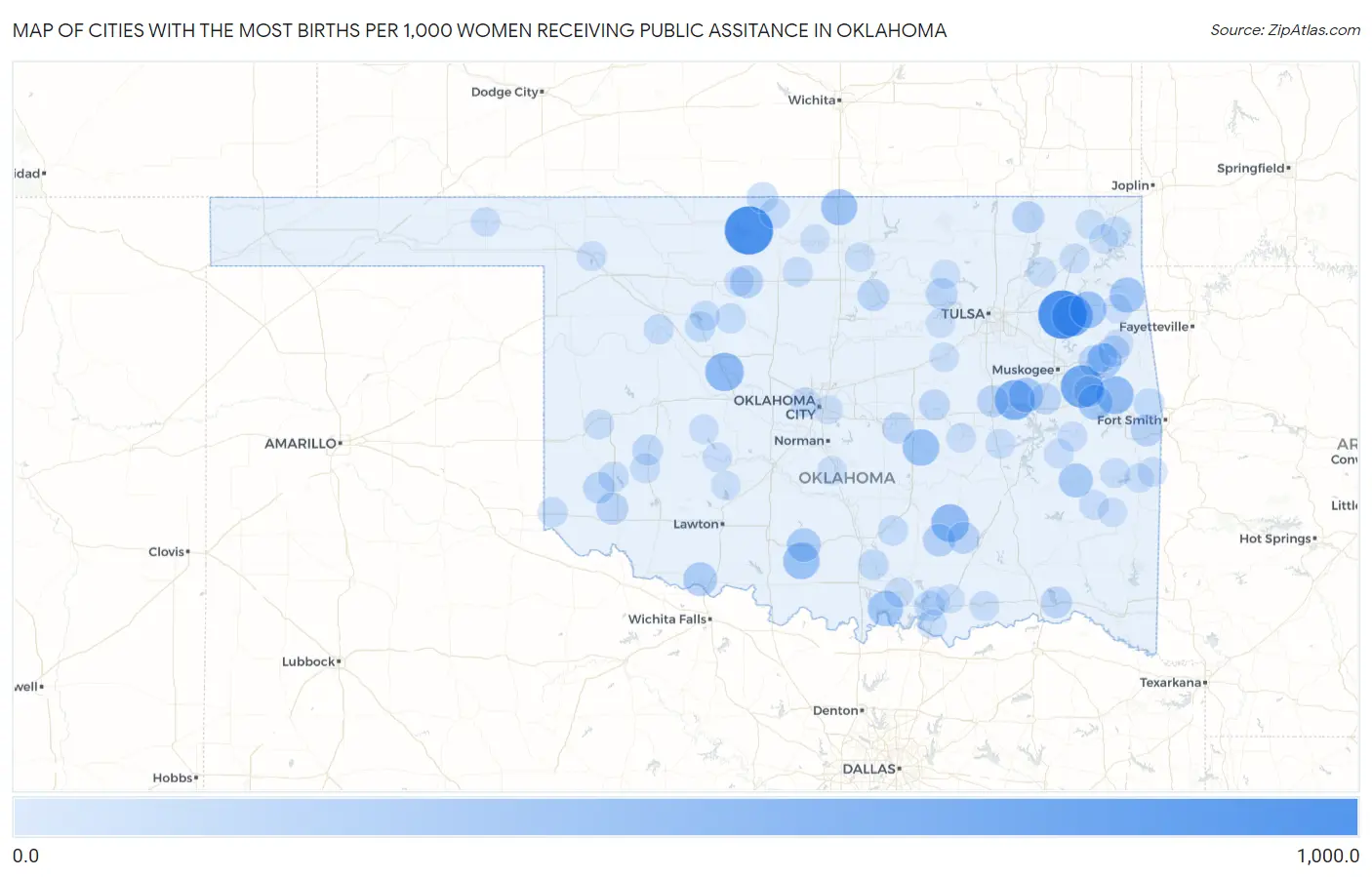 Cities with the Most Births per 1,000 Women Receiving Public Assitance in Oklahoma Map