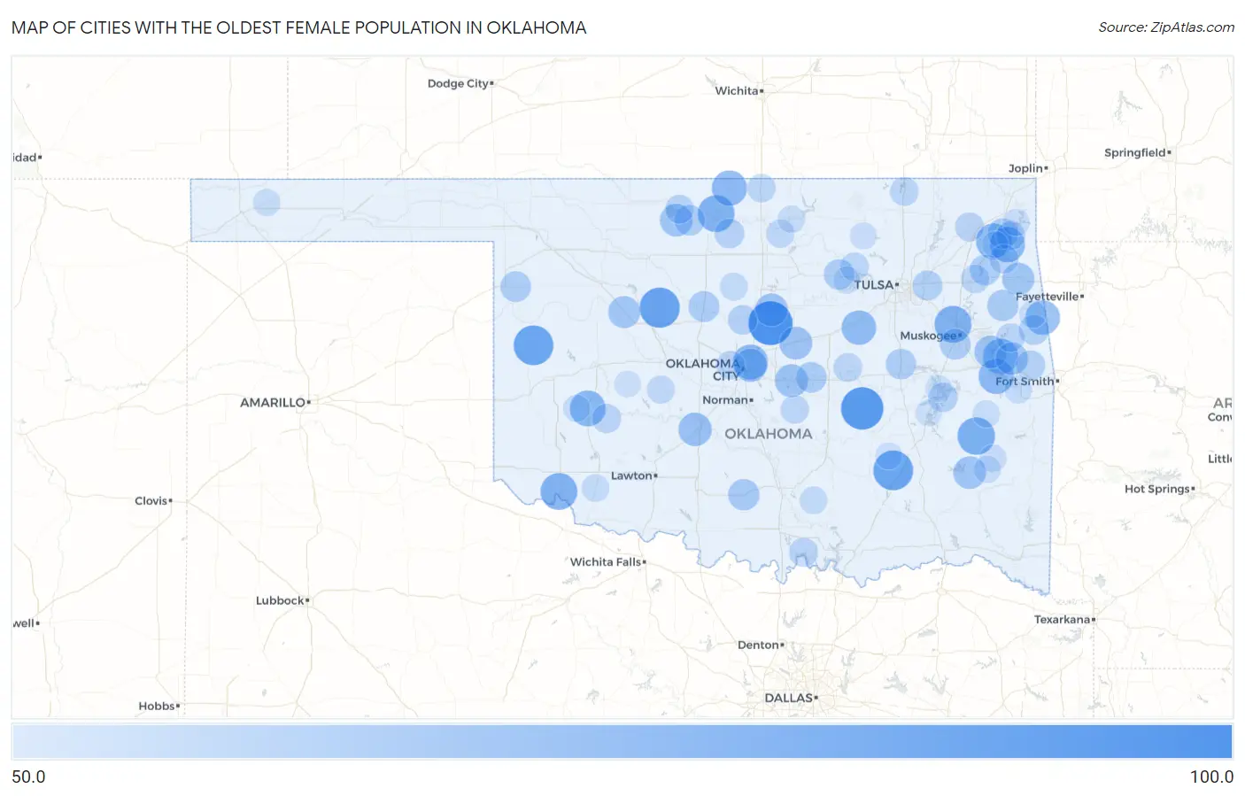 Cities with the Oldest Female Population in Oklahoma Map