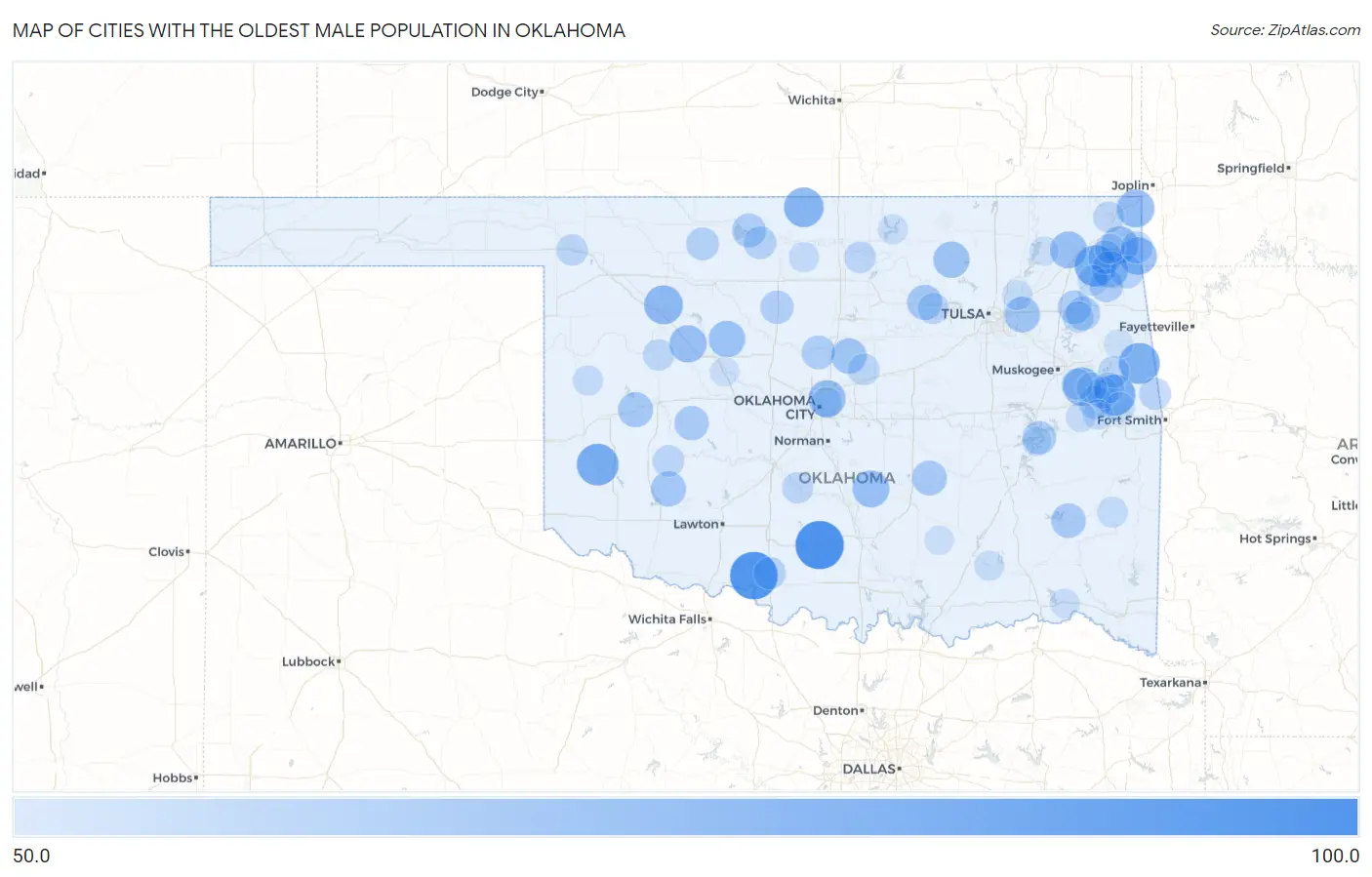 Cities with the Oldest Male Population in Oklahoma Map