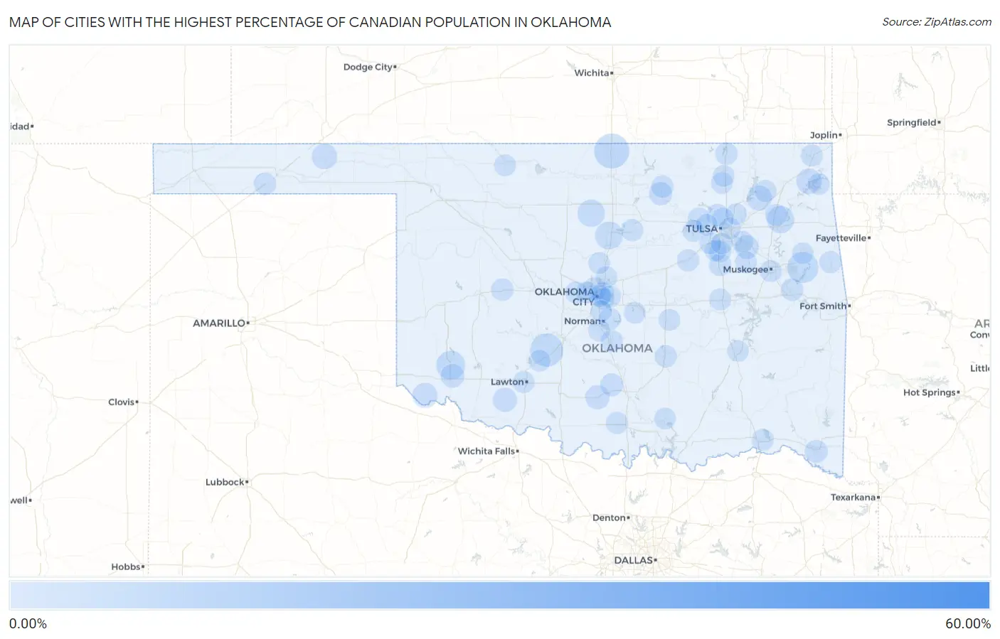 Cities with the Highest Percentage of Canadian Population in Oklahoma Map