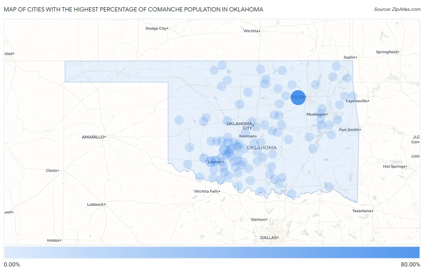 Cities with the Highest Percentage of Comanche Population in Oklahoma Map