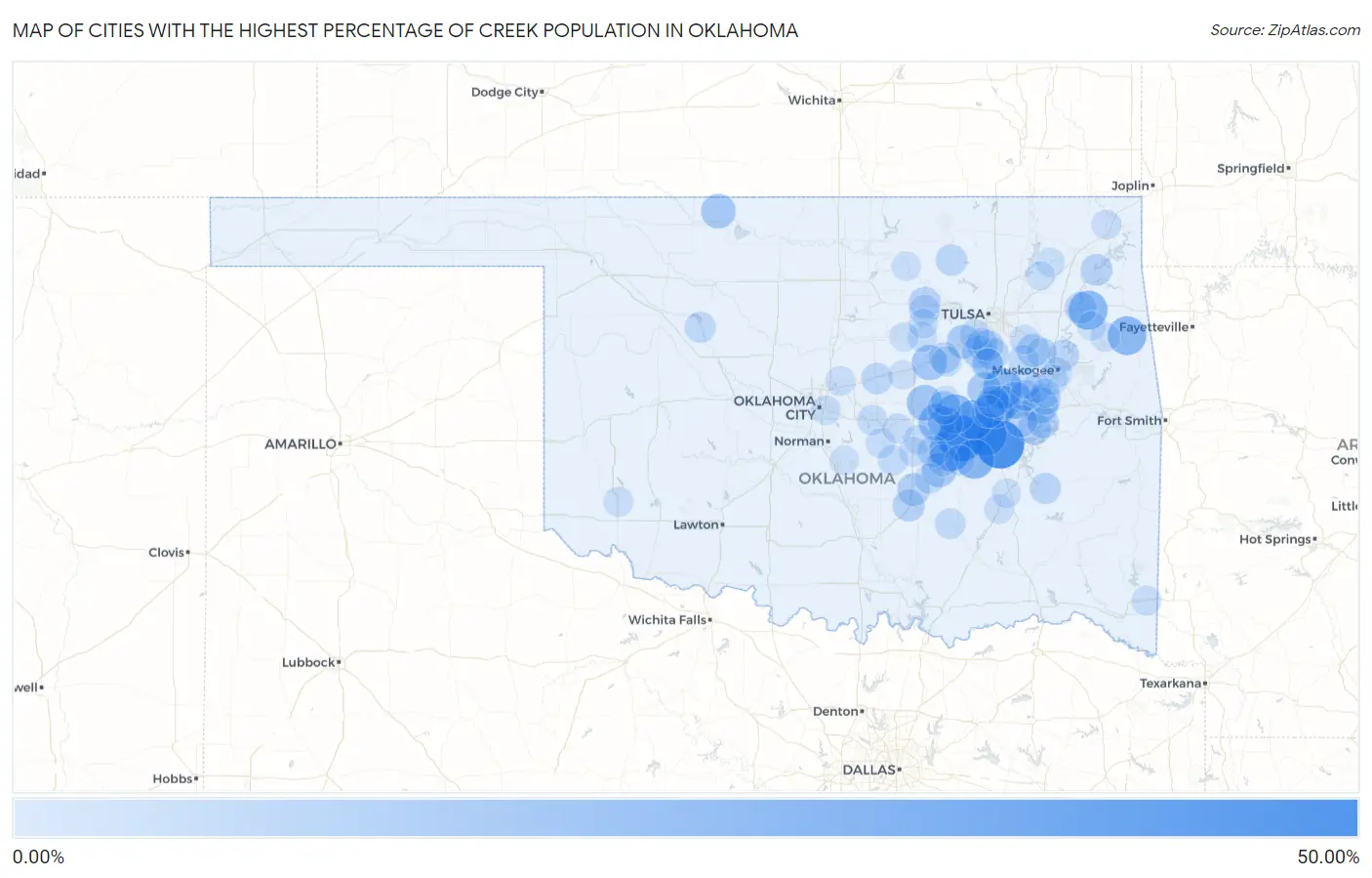 Cities with the Highest Percentage of Creek Population in Oklahoma Map