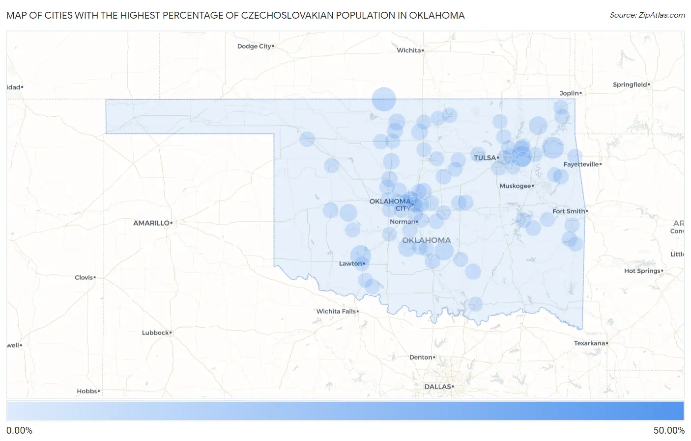 Cities with the Highest Percentage of Czechoslovakian Population in Oklahoma Map