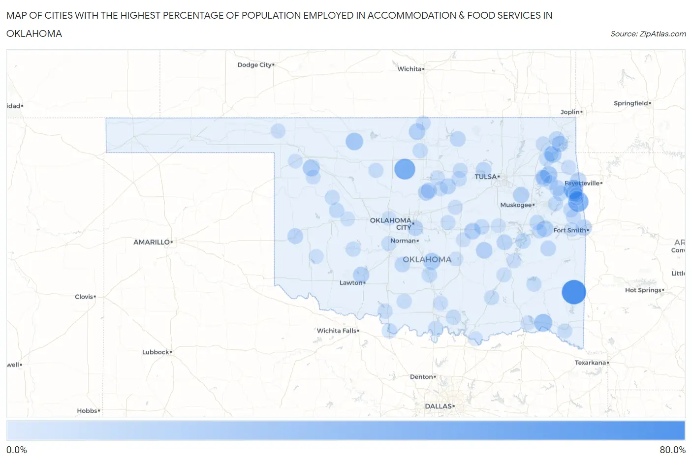 Cities with the Highest Percentage of Population Employed in Accommodation & Food Services in Oklahoma Map