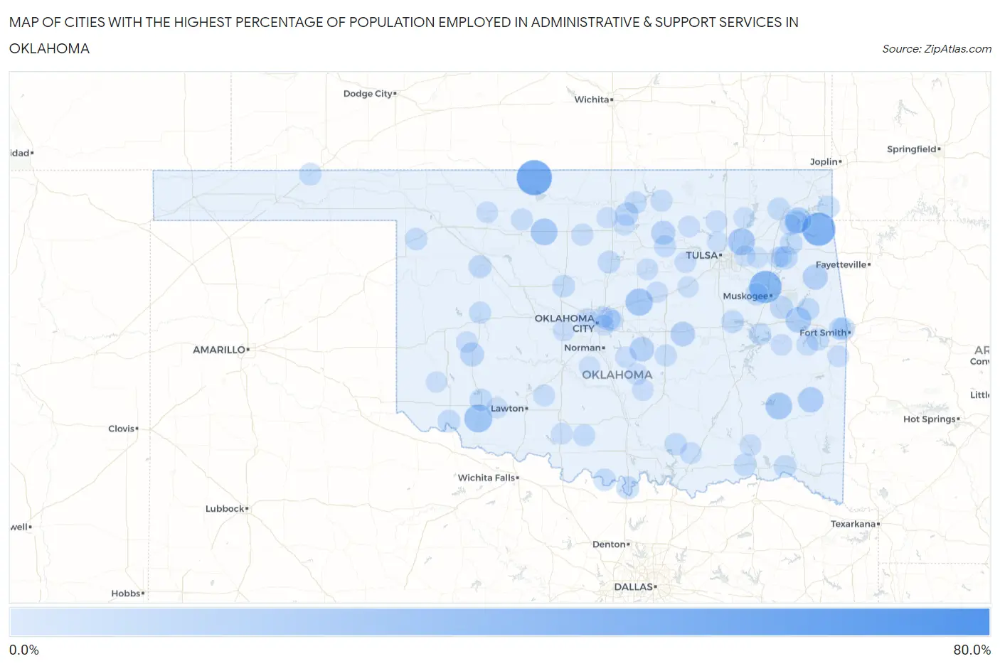 Cities with the Highest Percentage of Population Employed in Administrative & Support Services in Oklahoma Map