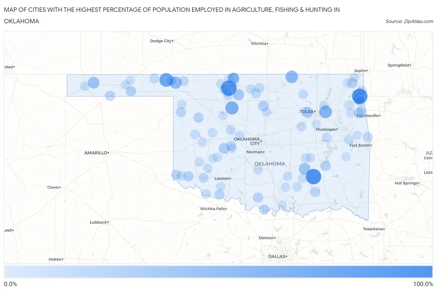 Cities with the Highest Percentage of Population Employed in Agriculture, Fishing & Hunting in Oklahoma Map