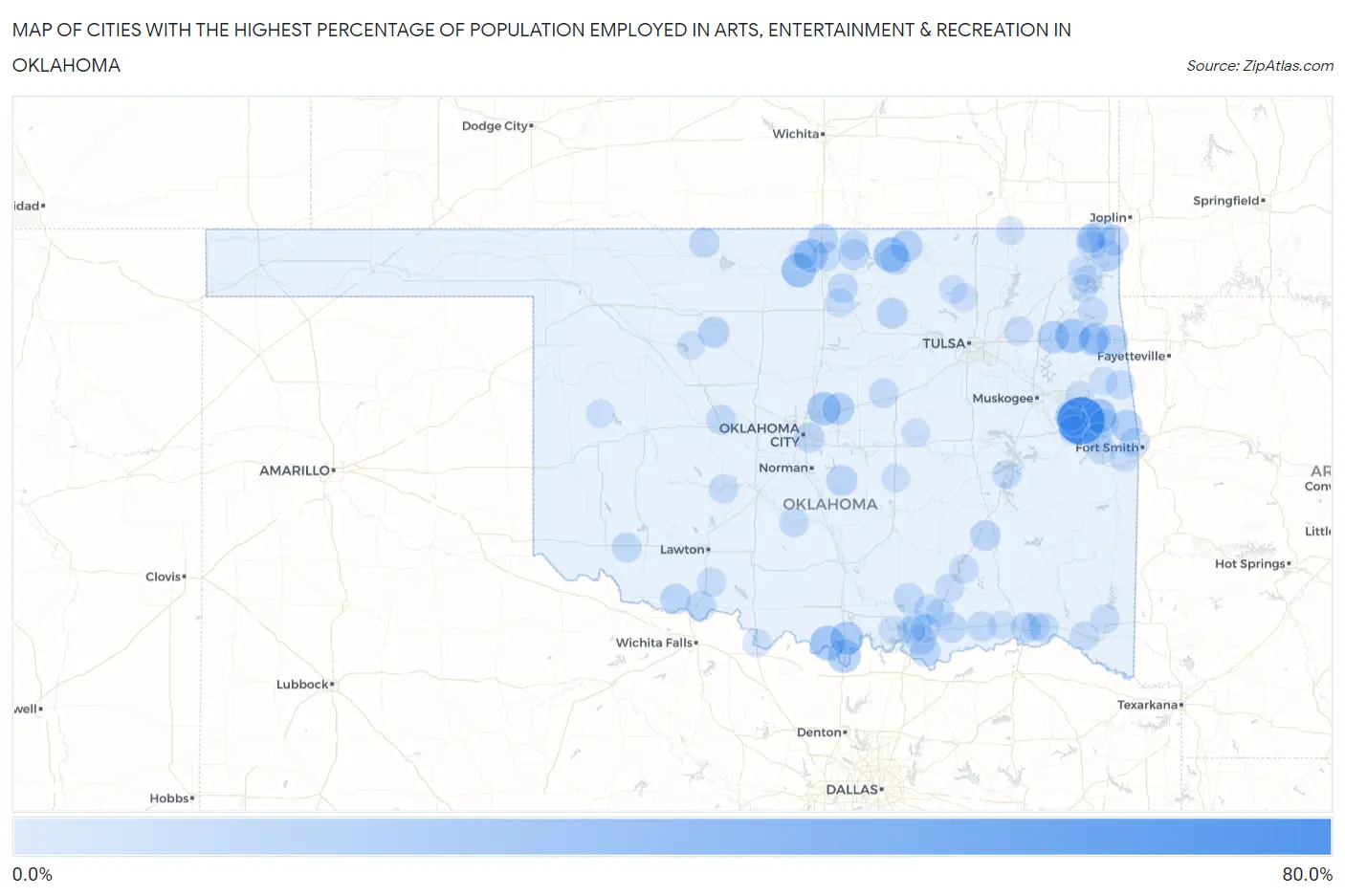 Cities with the Highest Percentage of Population Employed in Arts, Entertainment & Recreation in Oklahoma Map
