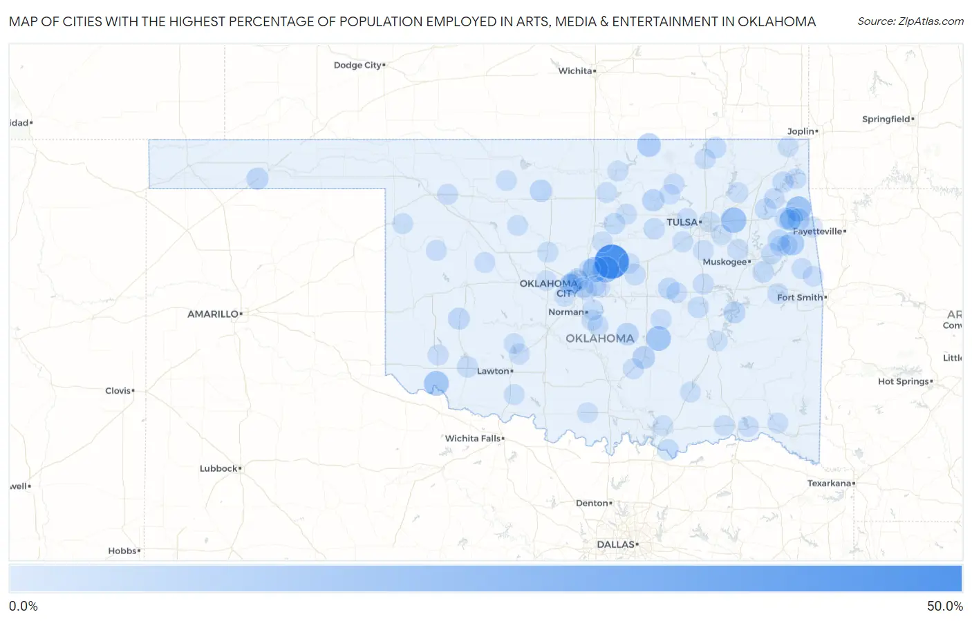 Cities with the Highest Percentage of Population Employed in Arts, Media & Entertainment in Oklahoma Map