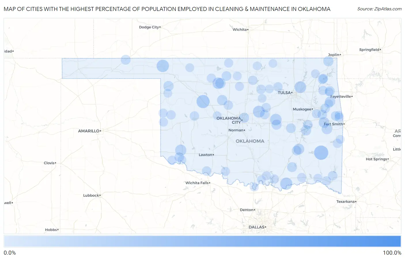 Cities with the Highest Percentage of Population Employed in Cleaning & Maintenance in Oklahoma Map