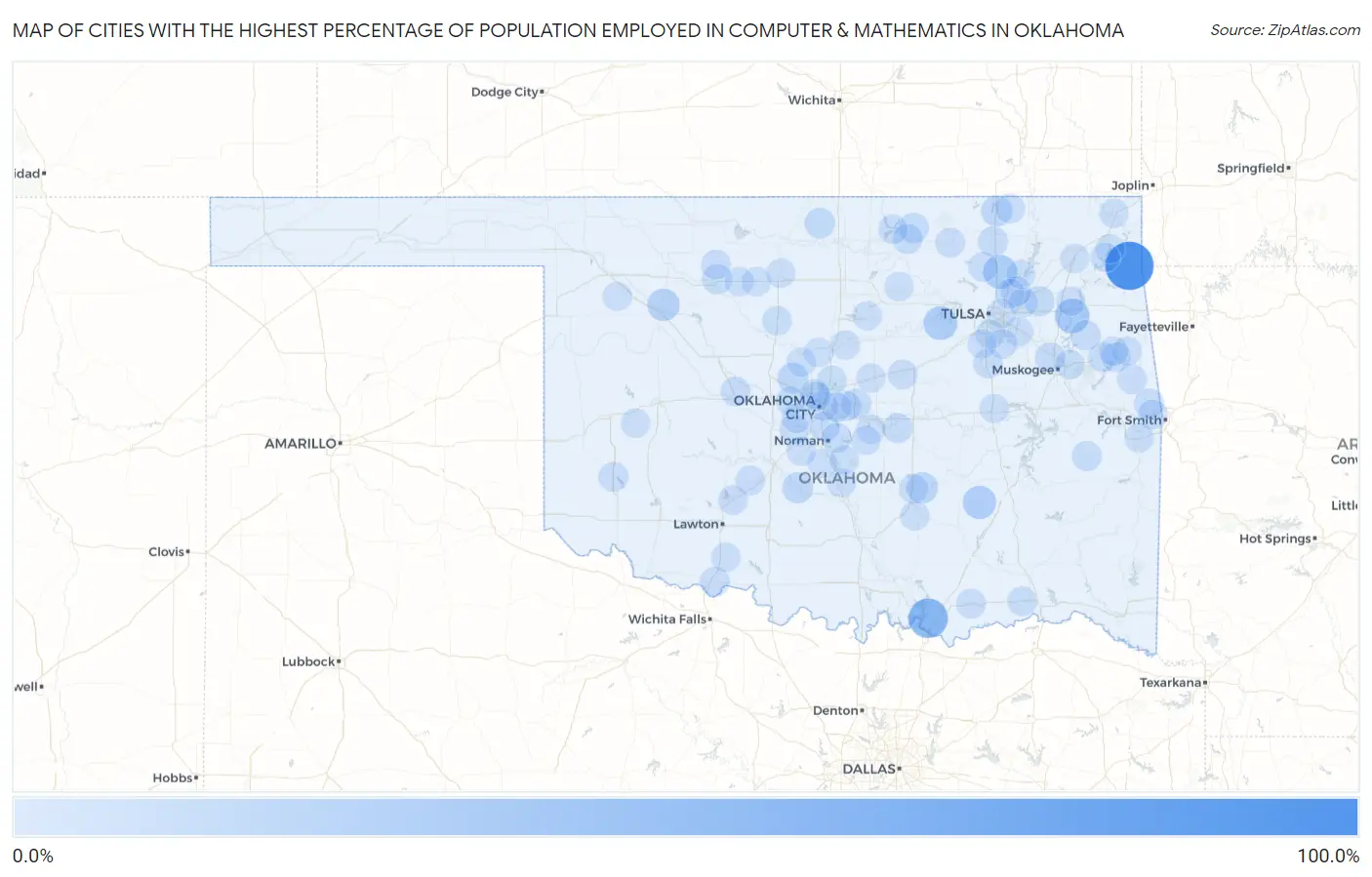 Cities with the Highest Percentage of Population Employed in Computer & Mathematics in Oklahoma Map