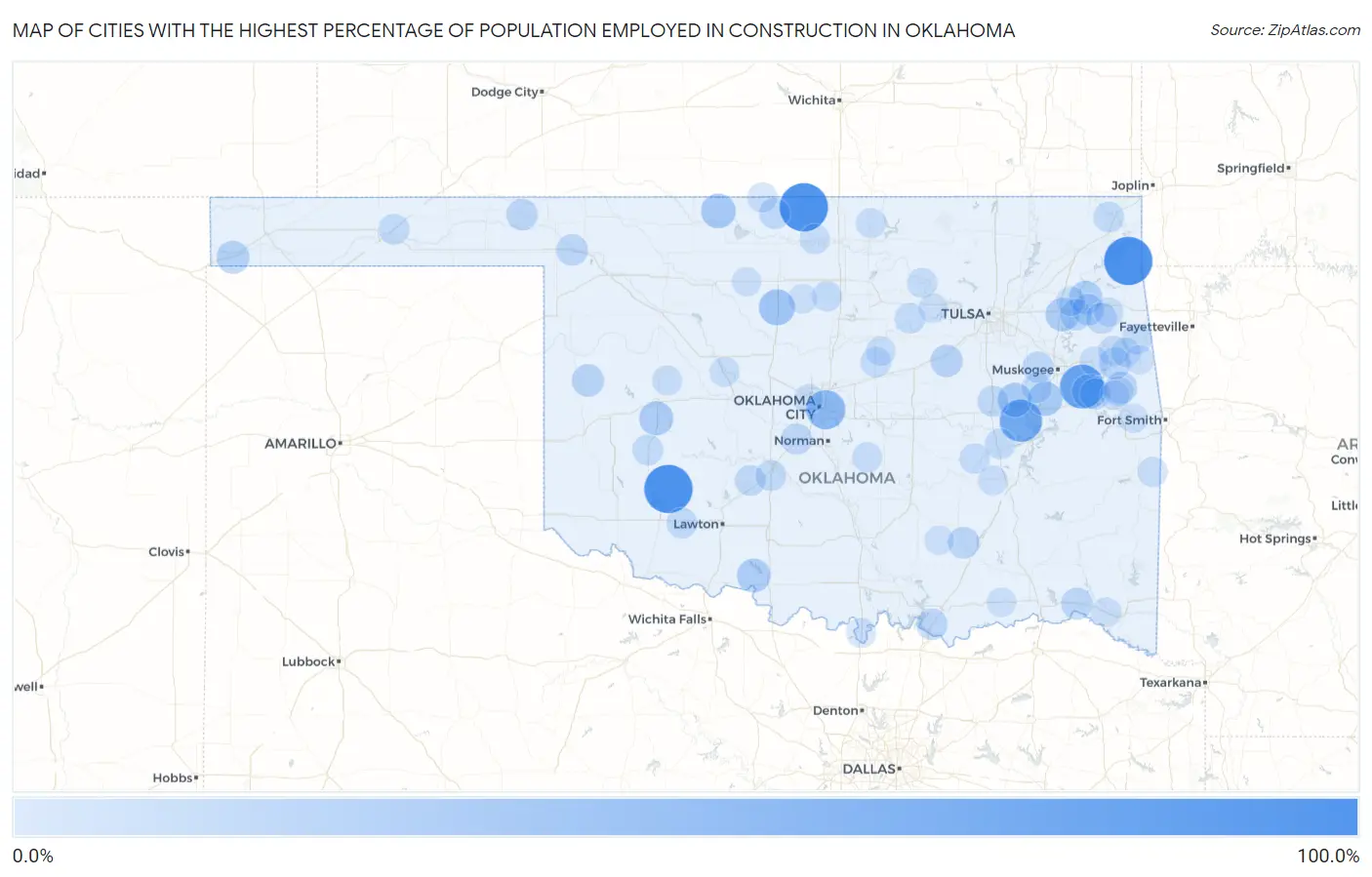 Cities with the Highest Percentage of Population Employed in Construction in Oklahoma Map