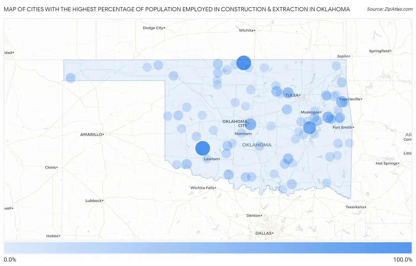 Cities with the Highest Percentage of Population Employed in Construction & Extraction in Oklahoma Map