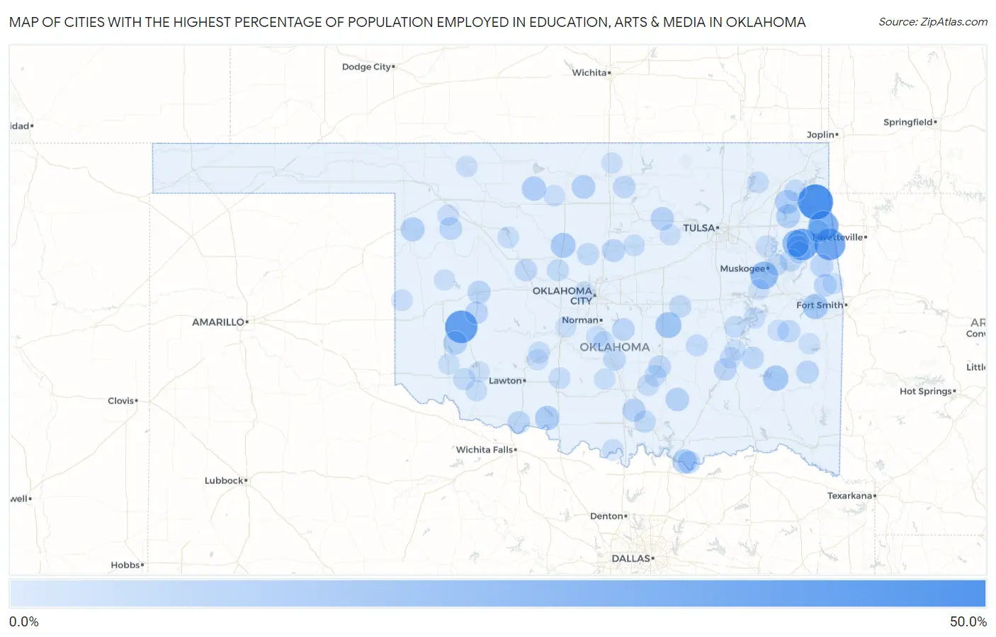 Cities with the Highest Percentage of Population Employed in Education, Arts & Media in Oklahoma Map